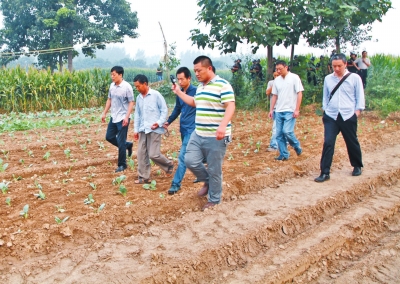 刑警帶嫌疑人司某(左二)在瓜地里指認(rèn)現(xiàn)場(chǎng)