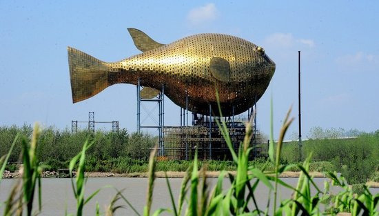 昨天，揚(yáng)中市西沙島，正在施工的河豚塔金光閃閃