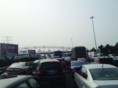 收費(fèi)站前長(zhǎng)長(zhǎng)排隊(duì)的車輛。陳郁 收費(fèi)站前長(zhǎng)長(zhǎng)排隊(duì)的車輛。陳郁