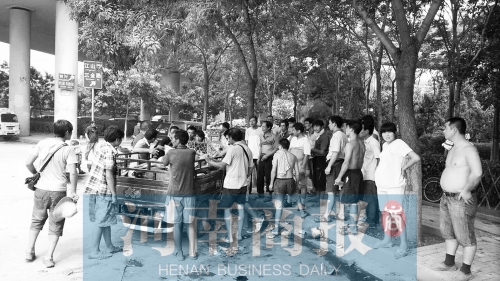 北環(huán)南陽路立交橋下，瓜農(nóng)小秦被打后，附近瓜農(nóng)紛紛圍了上來