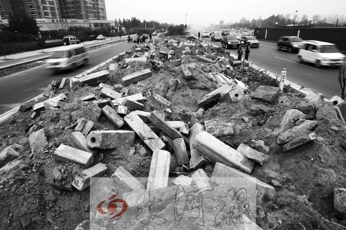 中州大道部分路段，綠化帶成了垃圾場(chǎng)。