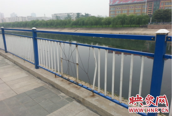 公園內(nèi)多個(gè)護(hù)欄中間的鋼筋條不翼而飛，僅僅是用幾根細(xì)細(xì)鐵絲纏住。