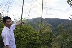 村民吳學(xué)田告訴記者，對(duì)面兩座山就是潘建友承包的部分山場(chǎng) 見習(xí)記者 邱一文 攝