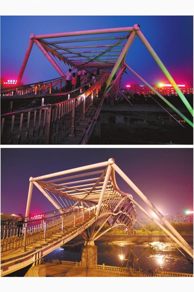 花園路西側(cè)東風(fēng)渠景觀橋，上圖攝于7月31日晚間，下圖攝于10月9日晚間。