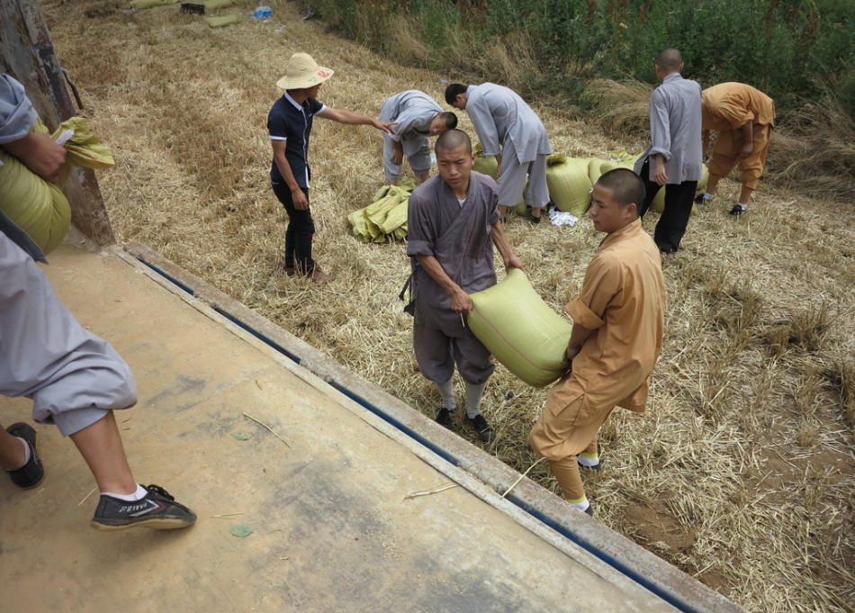 武僧將打包后的糧食集中至運(yùn)輸車輛上。