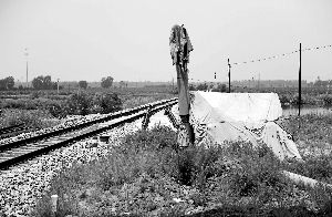 6月30日， 農(nóng)戶用搭建的窩棚和電線桿阻擋了鐵路的施工。新華社發(fā)